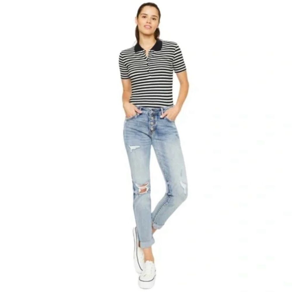 KanCan Clairie Mid Rise Distressed Button Fly Boyfriend Jean